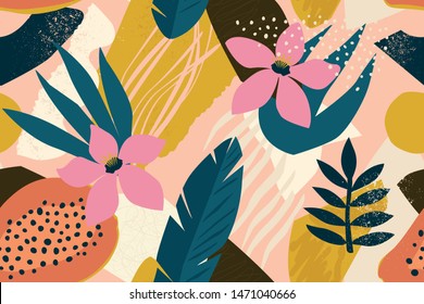 Collage contemporary floral seamless pattern. Modern exotic jungle fruits and plants illustration in vector.