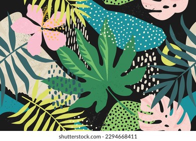 Collage contemporáneo floral sin costuras. Moderna y exótica flor de jungla e ilustración de plantas en vector.