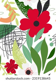 Abstrakte moderne Blumen und Blätter schaffen ein nahtloses Muster. Vertikales Banner der Natur. Vektorgrafik.
