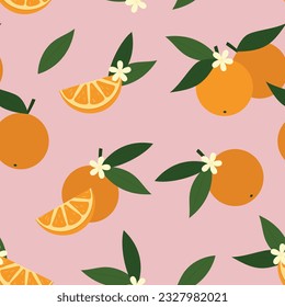 Collage contemporary floral seamless pattern with slices and whole oranges, white flowers and leaves. Summer tropical seamless pattern.