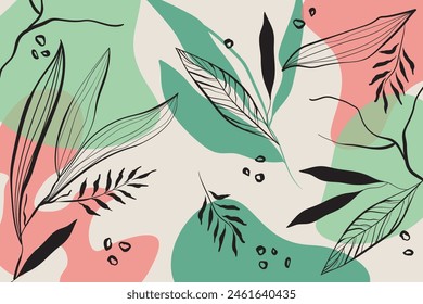 Collage contemporary floral seamless pattern. Modern exotic jungle fruits and plants illustration in vector. Abstract art nature background vector.  Boho foliage botanical tropical leaves and floral 