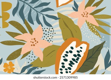 Collage contemporary floral seamless pattern. Modern exotic jungle Cocoa beans, flowers and plants illustration in vector.