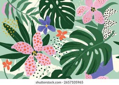 Colagem padrão floral contemporâneo sem costura. Moderna exótica selva frutas e plantas ilustração em vetor.