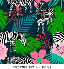 Collage contemporary floral and zebra seamless pattern. Modern exotic jungle plants. vector illustration design.