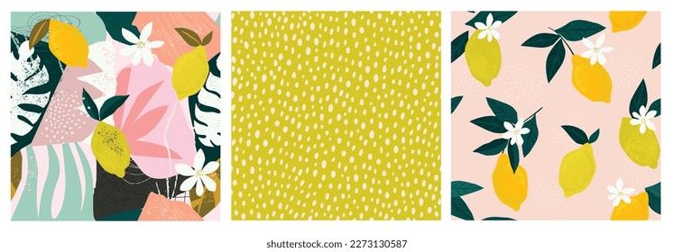 Collage contemporáneo limón floral y polka dot forma un conjunto de patrones sin fisuras. Diseño exótico moderno para el papel, la cubierta, la tela, la decoración interior y otros usuarios.