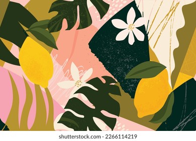 Collage contemporary lemon floral seamless pattern. Modern exotic jungle fruits and plants illustration vector.