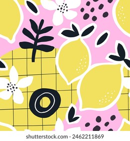 Collage contemporary lemon seamless pattern. Modern exotic design for fabric, paper, cover, interior decor