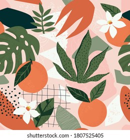 Collage contemporary orange floral and abstract shapes seamless pattern set. Modern exotic design for paper, cover, fabric, interior decor and other users.