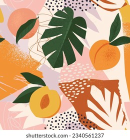 Collage contemporary peach, leaves and  polka dot shapes seamless pattern. Mid Century Modern Art exotic design for paper, cover, fabric, interior decor and other users.