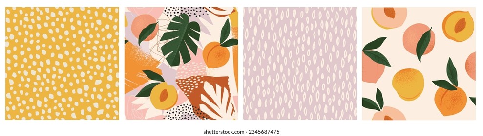 Collage contemporary peach, leaves and  polka dot shapes seamless pattern set. Modern exotic design for paper, cover, fabric, interior decor and other users.