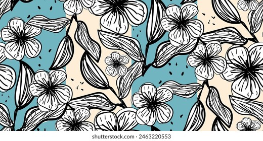 Collage contemporary print with black brush flowers. Hand drawn seamless pattern with linear flowers. Vector illustration. 