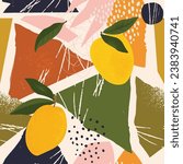 Collage contemporary ripe mango seamless pattern. Modern exotic jungle fruits and plants illustration in vector.