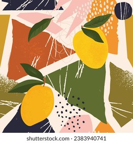 Collage contemporary ripe mango seamless pattern. Modern exotic jungle fruits and plants illustration in vector.