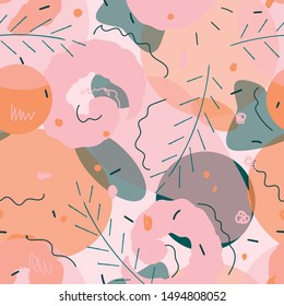 Collage contemporary seamless pattern. Modern exotic plants illustration in vector. Doodle art with shapes and textures. Vector floral botanical plants. design for fashion,fabric,wallpaper, web, print
