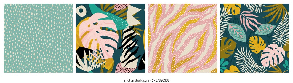 Collage contemporary tropical and polka dot shapes seamless pattern set. Mid Century Modern Art design for paper, cover, fabric, interior decor, and other users.