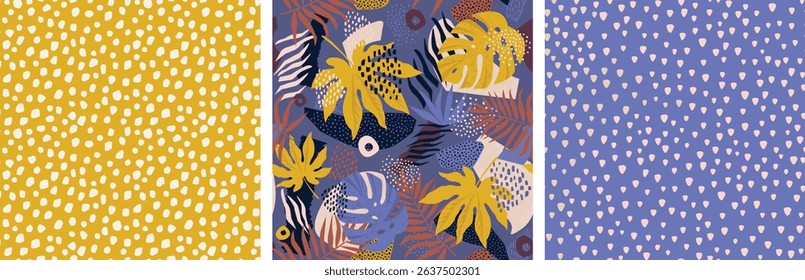 Collage contemporary tropical and polka dot shapes seamless pattern set. Modern Art Collection design for paper, cover, fabric, interior decor, and other users.