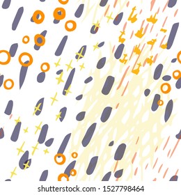 Collage Contemporary Vector Texture. Art Seamless Pattern. Artistic Modern Strokes Surface. Grunge Distress. Marker, Felt Pen Hand Drawn. Summer Bright. Chaotic Circle Shape Collage. Abstract Fashion.