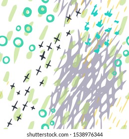 Collage Contemporary Vector Texture. Art Seamless Pattern. Artistic Modern Strokes Surface. Grunge Distress. Marker, Felt Pen Hand Drawn. Summer Bright. Chaotic Circle Shape Collage. Abstract Fashion.