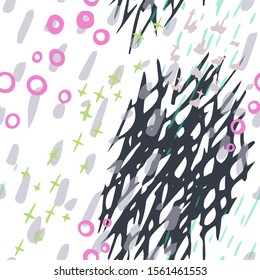 Collage Contemporary Vector Texture. Art Seamless Pattern. Artistic Modern Strokes Surface. Grunge Distress. Marker, Felt Pen Hand Drawn. Summer Bright. Chaotic Circle Shape Collage. Abstract Fashion.