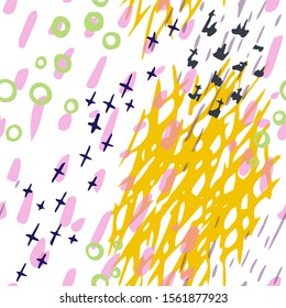 Collage Contemporary Vector Texture. Art Seamless Pattern. Artistic Modern Strokes Surface. Grunge Distress. Marker, Felt Pen Hand Drawn. Summer Bright. Chaotic Circle Shape Collage. Abstract Fashion.