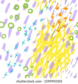 Collage Contemporary Vector Texture. Art Seamless Pattern. Artistic Modern Strokes Surface. Grunge Distress. Marker, Felt Pen Hand Drawn. Summer Bright. Chaotic Circle Shape Collage. Abstract Fashion.
