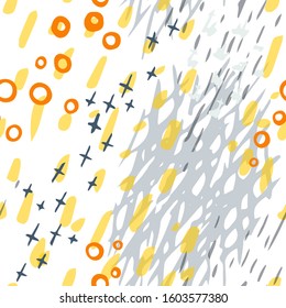 Collage Contemporary Vector Texture. Art Seamless Pattern. Artistic Modern Strokes Surface. Grunge Distress. Marker, Felt Pen Hand Drawn. Summer Bright. Chaotic Circle Shape Collage. Abstract Fashion.