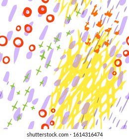 Collage Contemporary Vector Texture. Art Seamless Pattern. Artistic Modern Strokes Surface. Grunge Distress. Marker, Felt Pen Hand Drawn. Summer Bright. Chaotic Circle Shape Collage. Abstract Fashion.