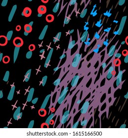 Collage Contemporary Vector Texture. Art Seamless Pattern. Artistic Modern Strokes Surface. Grunge Distress. Marker, Felt Pen Hand Drawn. Summer Bright. Chaotic Circle Shape Collage. Abstract Fashion.