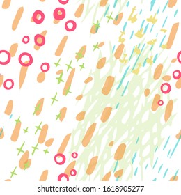 Collage Contemporary Vector Texture. Art Seamless Pattern. Artistic Modern Strokes Surface. Grunge Distress. Marker, Felt Pen Hand Drawn. Summer Bright. Chaotic Circle Shape Collage. Abstract Fashion.