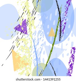 Collage Contemporary Vector Textures. Seamless Pattern. Artistic Crayon Modern Strokes Surface. Chalk Grunge Dirty Dry Distress Hand Drawn Pastel. Summer Bright Dry. Chaotic Triangle Shape Collage.