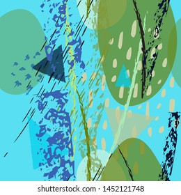 Collage Contemporary Vector Textures. Seamless Pattern. Artistic Crayon Modern Strokes Surface. Chalk Grunge Dirty Dry Distress Hand Drawn Pastel. Summer Bright Dry. Chaotic Triangle Shape Collage.