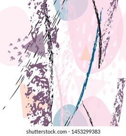 Collage Contemporary Vector Textures. Seamless Pattern. Artistic Crayon Modern Strokes Surface. Chalk Grunge Dirty Dry Distress Hand Drawn Pastel. Summer Bright Dry. Chaotic Triangle Shape Collage.