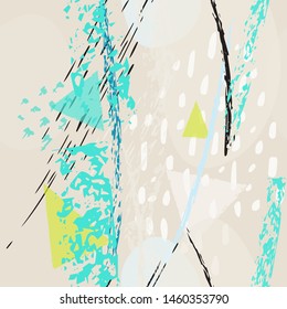 Collage Contemporary Vector Textures. Seamless Pattern. Artistic Crayon Modern Strokes Surface. Chalk Grunge Dirty Dry Distress Hand Drawn Pastel. Summer Bright Dry. Chaotic Triangle Shape Collage.