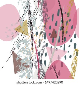 Collage Contemporary Vector Textures. Seamless Pattern. Artistic Crayon Modern Strokes Surface. Chalk Grunge Dirty Dry Distress Hand Drawn Pastel. Summer Bright Dry. Chaotic Triangle Shape Collage.