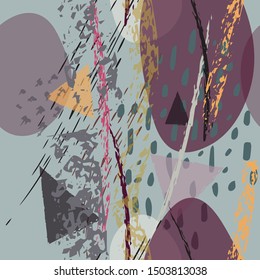 Collage Contemporary Vector Textures. Seamless Pattern. Artistic Crayon Modern Strokes Surface. Chalk Grunge Dirty Dry Distress Hand Drawn Pastel. Summer Bright Dry. Chaotic Triangle Shape Collage.