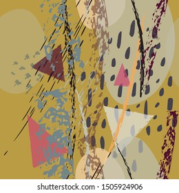 Collage Contemporary Vector Textures. Seamless Pattern. Artistic Crayon Modern Strokes Surface. Chalk Grunge Dirty Dry Distress Hand Drawn Pastel. Summer Bright Dry. Chaotic Triangle Shape Collage.