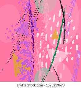 Collage Contemporary Vector Textures. Seamless Pattern. Artistic Crayon Modern Strokes Surface. Chalk Grunge Dirty Dry Distress Hand Drawn Pastel. Summer Bright Dry. Chaotic Triangle Shape Collage.