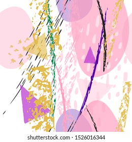 Collage Contemporary Vector Textures. Seamless Pattern. Artistic Crayon Modern Strokes Surface. Chalk Grunge Dirty Dry Distress Hand Drawn Pastel. Summer Bright Dry. Chaotic Triangle Shape Collage.