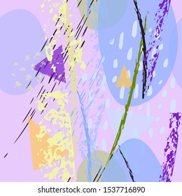 Collage Contemporary Vector Textures. Seamless Pattern. Artistic Crayon Modern Strokes Surface. Chalk Grunge Dirty Dry Distress Hand Drawn Pastel. Summer Bright Dry. Chaotic Triangle Shape Collage.