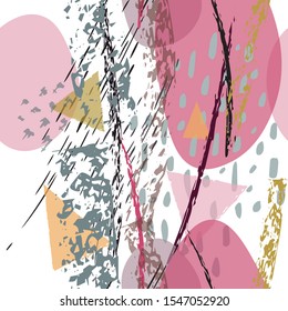 Collage Contemporary Vector Textures. Seamless Pattern. Artistic Crayon Modern Strokes Surface. Chalk Grunge Dirty Dry Distress Hand Drawn Pastel. Summer Bright Dry. Chaotic Triangle Shape Collage.