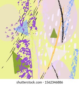 Collage Contemporary Vector Textures. Seamless Pattern. Artistic Crayon Modern Strokes Surface. Chalk Grunge Dirty Dry Distress Hand Drawn Pastel. Summer Bright Dry. Chaotic Triangle Shape Collage.