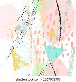 Collage Contemporary Vector Textures. Seamless Pattern. Artistic Crayon Modern Strokes Surface. Chalk Grunge Dirty Dry Distress Hand Drawn Pastel. Summer Bright Dry. Chaotic Triangle Shape Collage.