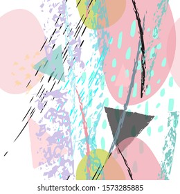 Collage Contemporary Vector Textures. Seamless Pattern. Artistic Crayon Modern Strokes Surface. Chalk Grunge Dirty Dry Distress Hand Drawn Pastel. Summer Bright Dry. Chaotic Triangle Shape Collage.