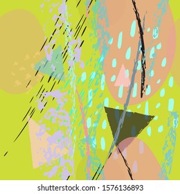 Collage Contemporary Vector Textures. Seamless Pattern. Artistic Crayon Modern Strokes Surface. Chalk Grunge Dirty Dry Distress Hand Drawn Pastel. Summer Bright Dry. Chaotic Triangle Shape Collage.