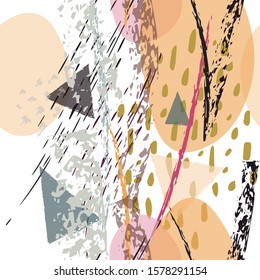 Collage Contemporary Vector Textures. Seamless Pattern. Artistic Crayon Modern Strokes Surface. Chalk Grunge Dirty Dry Distress Hand Drawn Pastel. Summer Bright Dry. Chaotic Triangle Shape Collage.