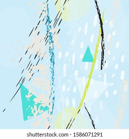 Collage Contemporary Vector Textures. Seamless Pattern. Artistic Crayon Modern Strokes Surface. Chalk Grunge Dirty Dry Distress Hand Drawn Pastel. Summer Bright Dry. Chaotic Triangle Shape Collage.
