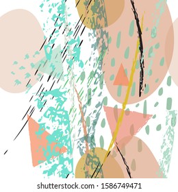 Collage Contemporary Vector Textures. Seamless Pattern. Artistic Crayon Modern Strokes Surface. Chalk Grunge Dirty Dry Distress Hand Drawn Pastel. Summer Bright Dry. Chaotic Triangle Shape Collage.
