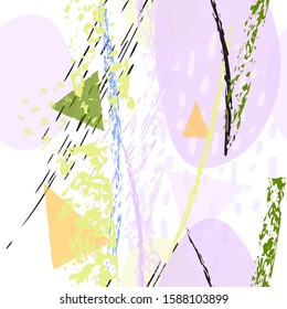 Collage Contemporary Vector Textures. Seamless Pattern. Artistic Crayon Modern Strokes Surface. Chalk Grunge Dirty Dry Distress Hand Drawn Pastel. Summer Bright Dry. Chaotic Triangle Shape Collage.