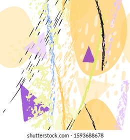 Collage Contemporary Vector Textures. Seamless Pattern. Artistic Crayon Modern Strokes Surface. Chalk Grunge Dirty Dry Distress Hand Drawn Pastel. Summer Bright Dry. Chaotic Triangle Shape Collage.