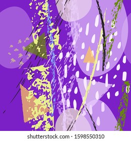Collage Contemporary Vector Textures. Seamless Pattern. Artistic Crayon Modern Strokes Surface. Chalk Grunge Dirty Dry Distress Hand Drawn Pastel. Summer Bright Dry. Chaotic Triangle Shape Collage.